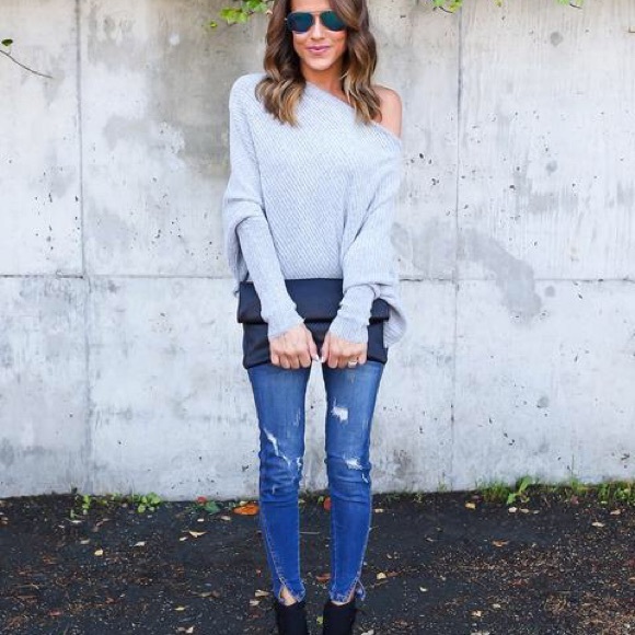 Slouchy Off Shoulder Ribbed Knit Sweater Top Grey - Picture 2 of 5